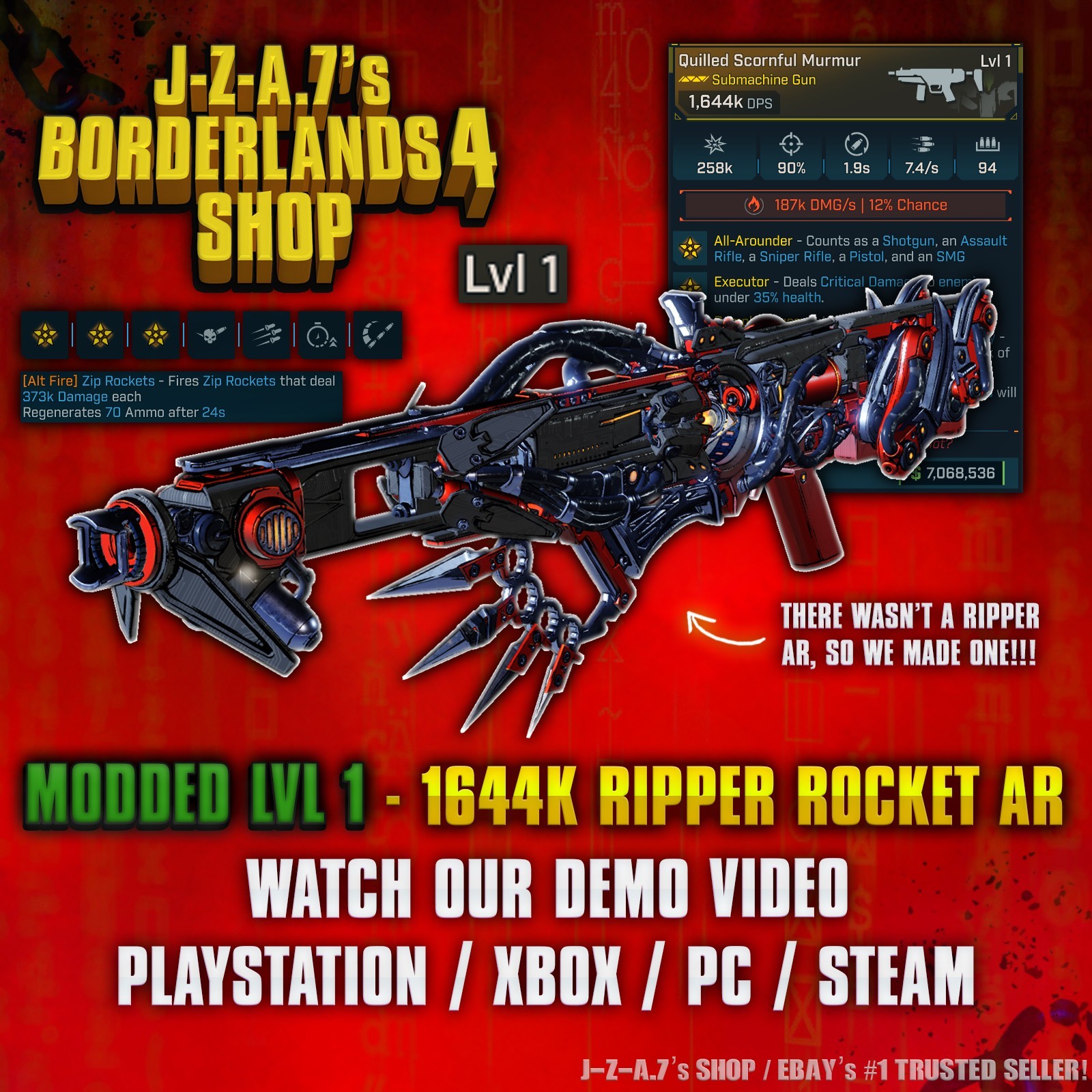 Borderlands 4✨ MODDED LEVEL 1 ONE 1644K DPS RIPPER ROCKET AR BL4 ✅PC-PS-XBOX✨