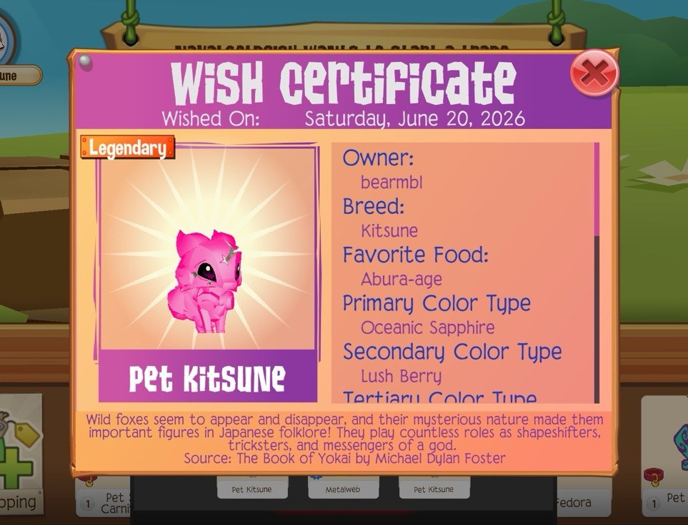 Webkinz Pet Kitsune Legendary Wish Certificate (In-Game) 2026