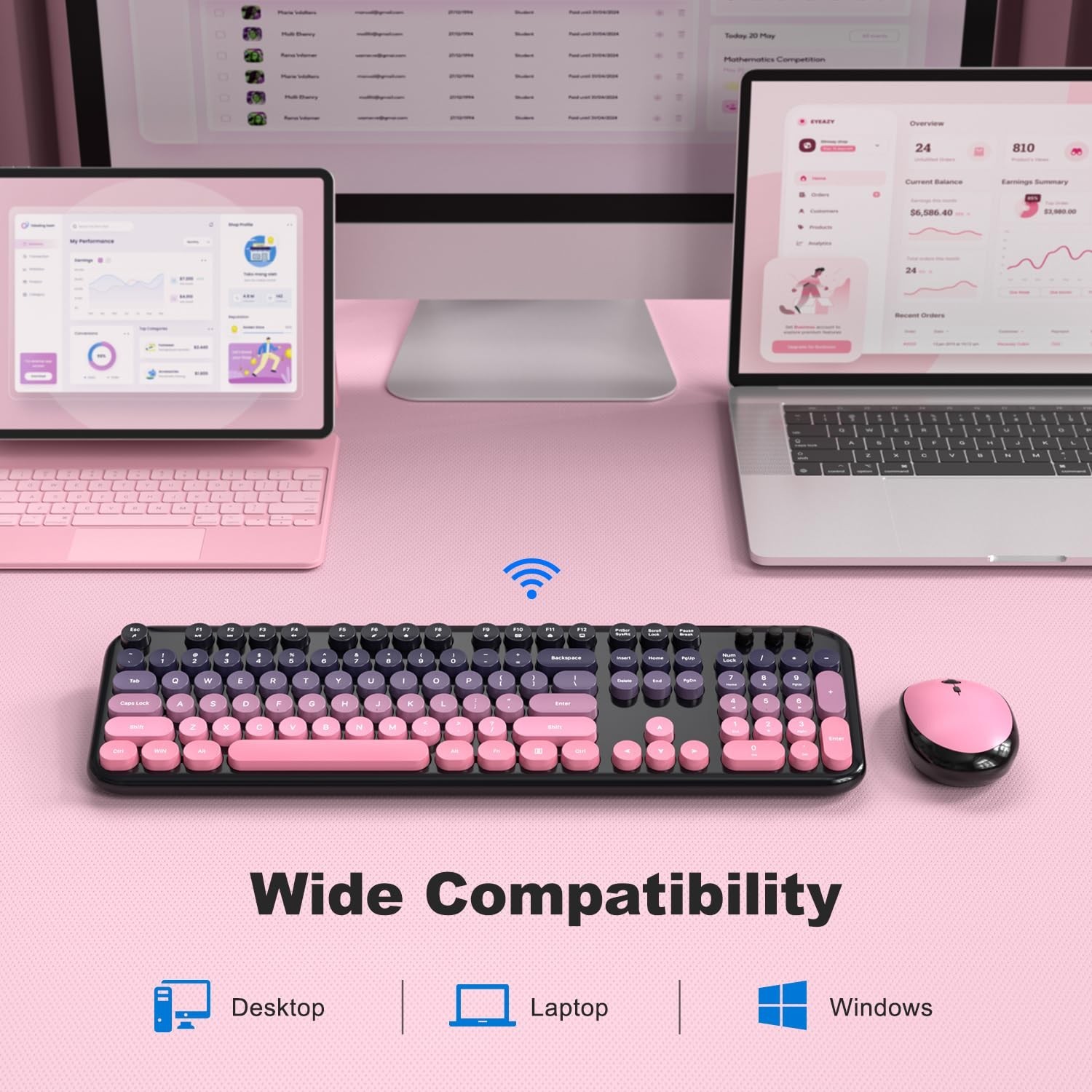 Wireless Keyboard Mouse Combo – Lovely CherryPink-Gradient Rainbow Full-Sized…