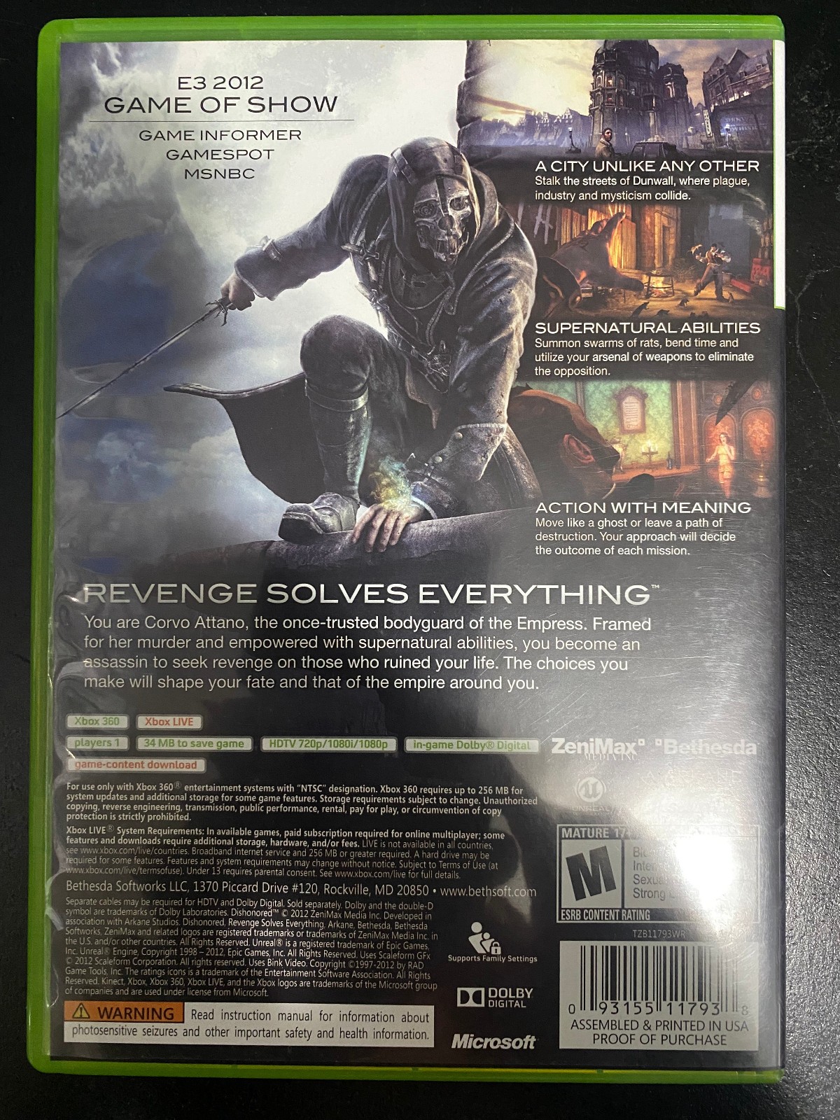 Dishonored – XBox 360 – Bethesda – Good Condition