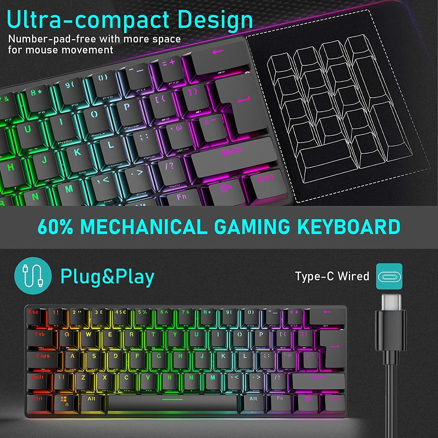 60% Wired Mechanical Gaming Keyboard Mini RGB Backlit Type-C for PC PS4 PS5 Xbox