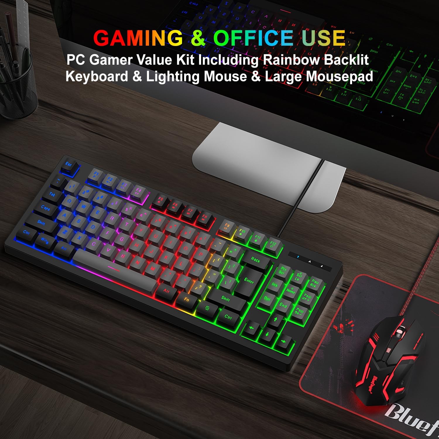 BlueFinger RGB 87 Keys Gaming Keyboard and Backlit Mouse Wired, Black & Gray