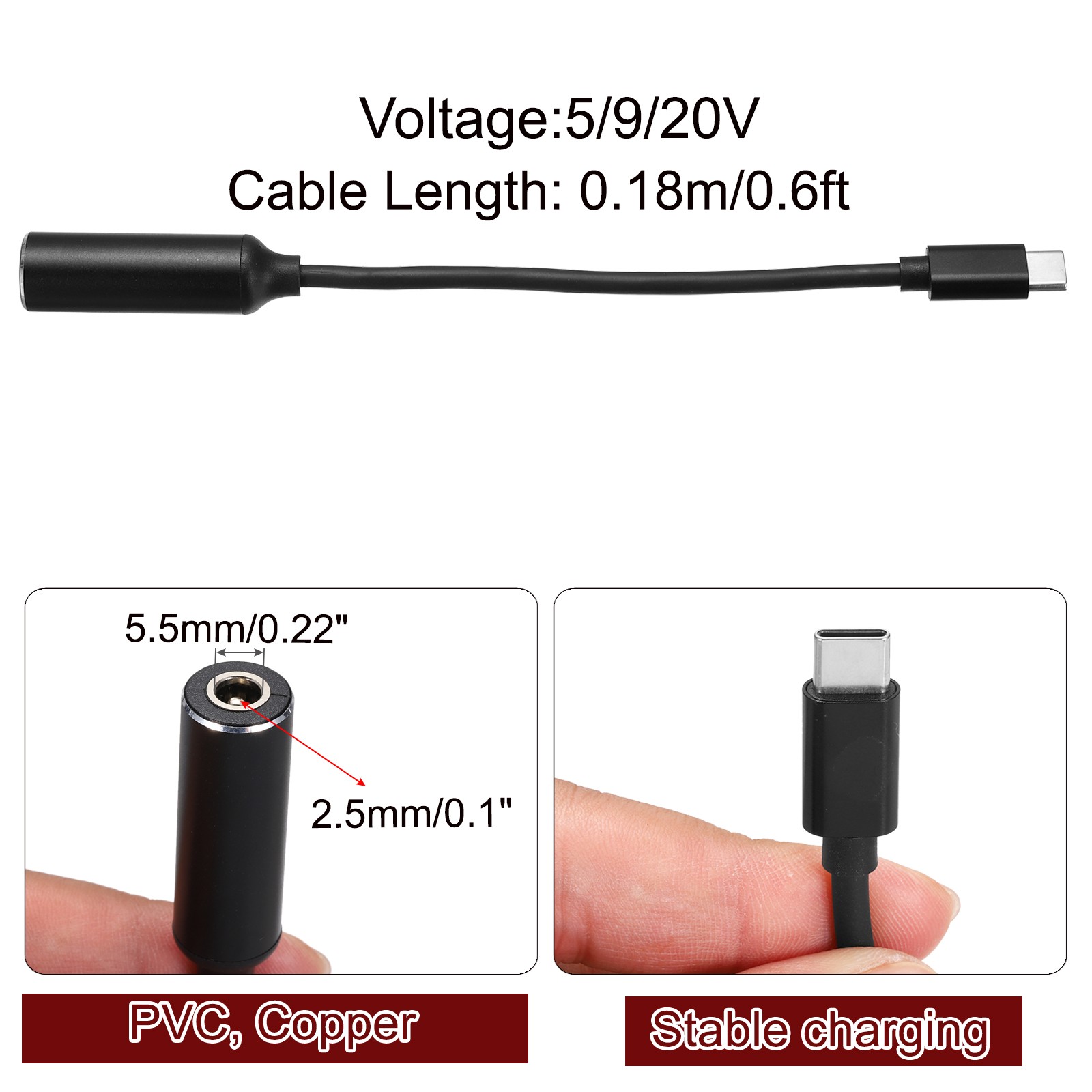 0.6FT USB C to DC PD Power Fast Charging Cable, 5.5mmx2.5mm 65W/5V/9V/20V(Black)