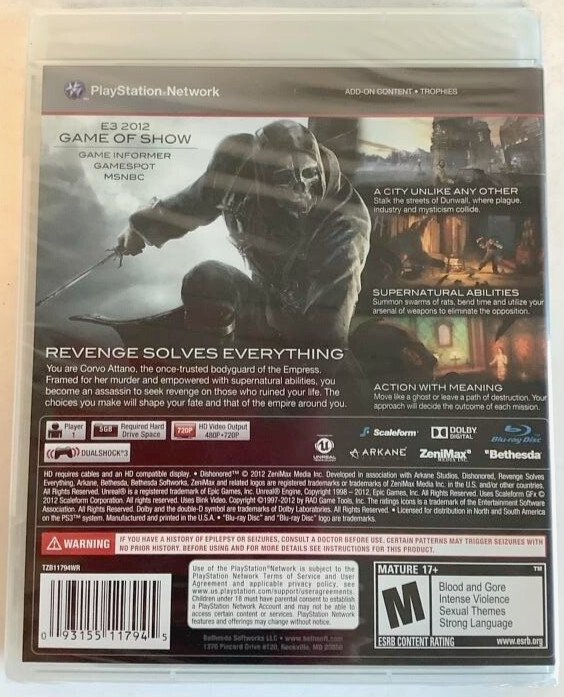 NEW SEALED PS3 Dishonored Playstation 3 Video Game Bethesda Arkane Clear Case