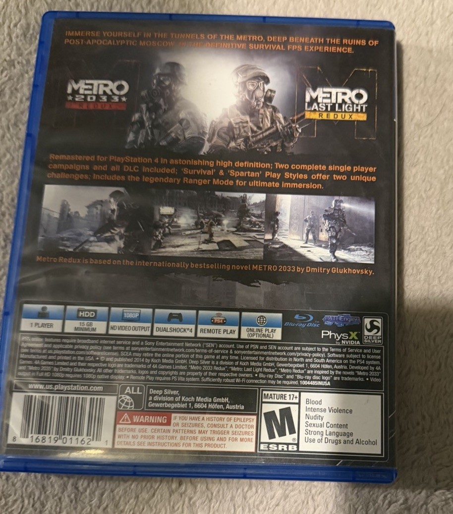 Deep Silver Metro Redux PS4 Shooter Survival Horror NTSC-U/C M Manual