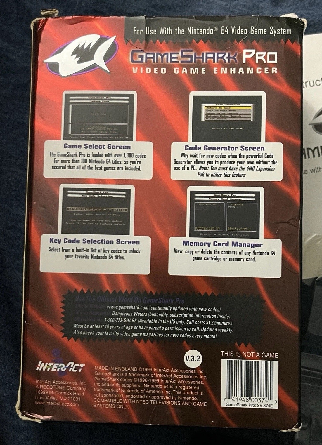 GameShark Pro v3.2 (Nintendo 64, N64) w/ Cart, VHS Tape In Box, & Inserts CIB