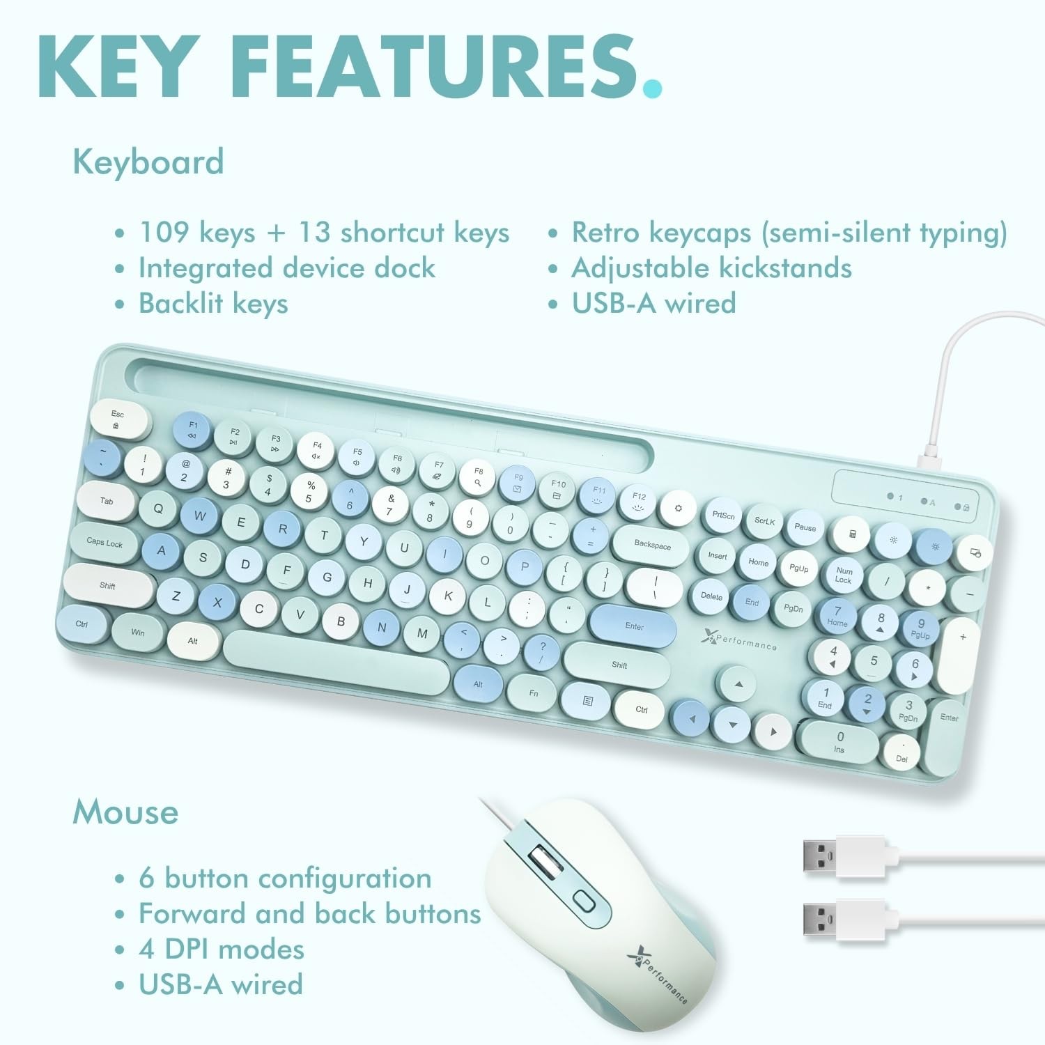 X9 Wired Keyboard and Mouse Combo with Backlight – Retro Typewriter Blue
