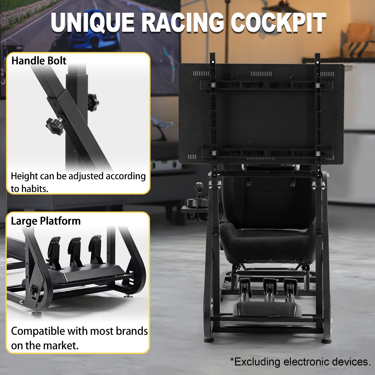 Marada Racing Simulator Cockpit With Monitor Stand & Black Seat Fit For Logitech