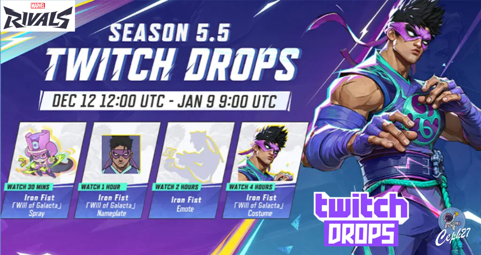 Marvel Rivals Twitch Drops – Iron Fist Costume + Emote + More – 4 Items/Skins