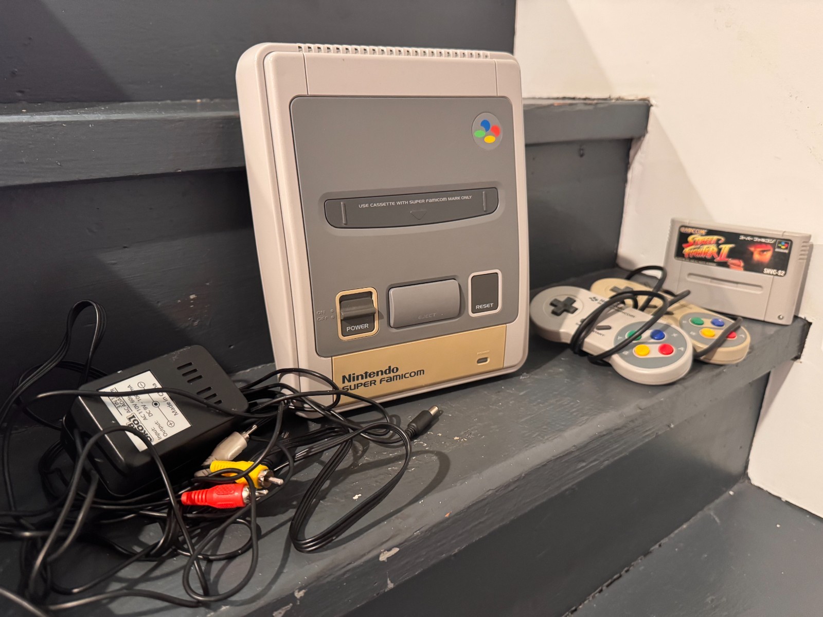 Nintendo Super Famicom console with controllers, all wires and Street Fighter 2