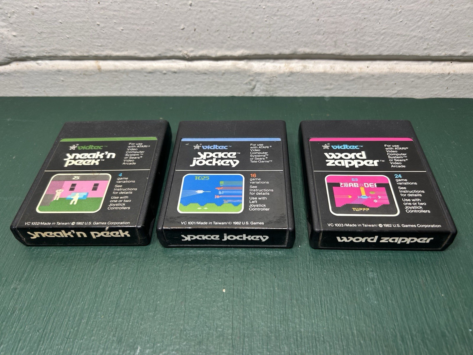 US GAMES VIDTEC Atari 2600 3 Game Lot – Word Zapper, Space Jockey & Sneak’n Peak