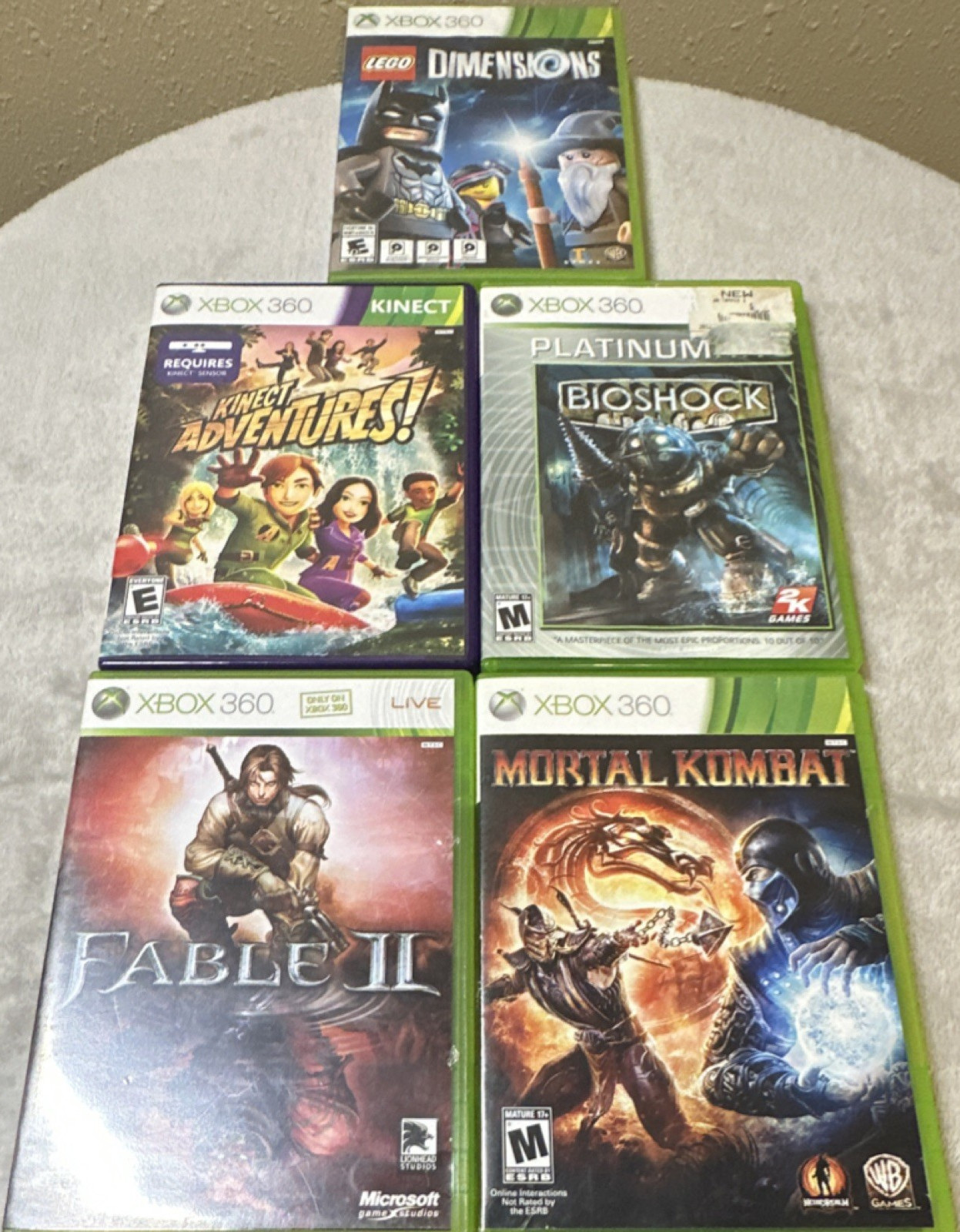 Xbox 360 5 lot Kinect adventures LEGO Dimensions BioShock Fable 2 mortal kombat