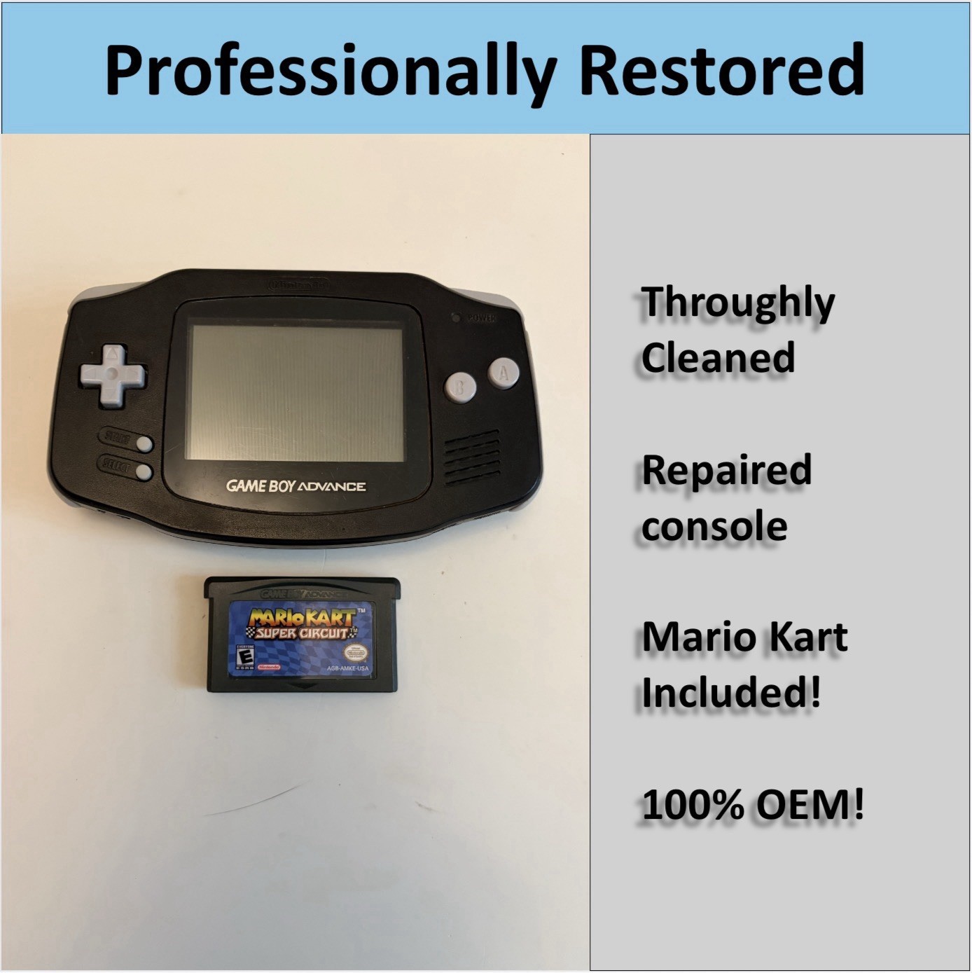 PROFESSIONALLY RESTORED OEM Game Boy Pocket Advance (Black) & Mario Kart!