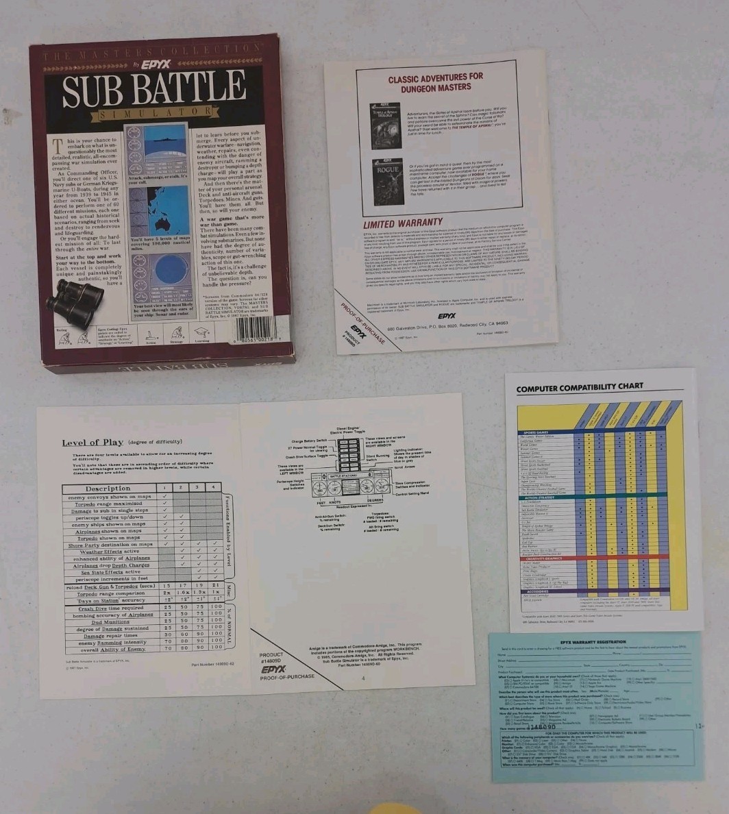 NO DISK- 1987 Vintage Sub Battle Simulator Box-Manual-Commands-Commodore Amiga