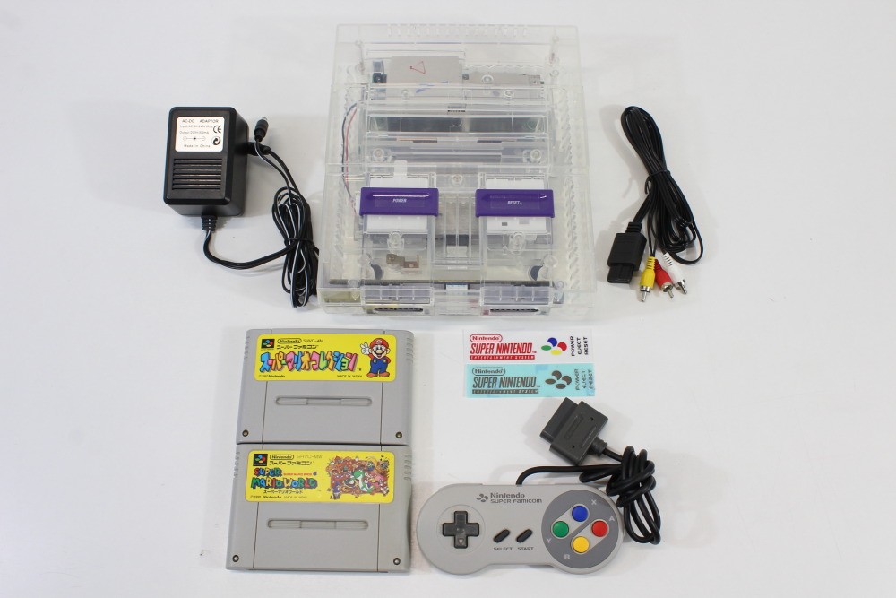 Super Nintendo Crystal Clear Console SNES SFC Converted Controller AC AV Mario