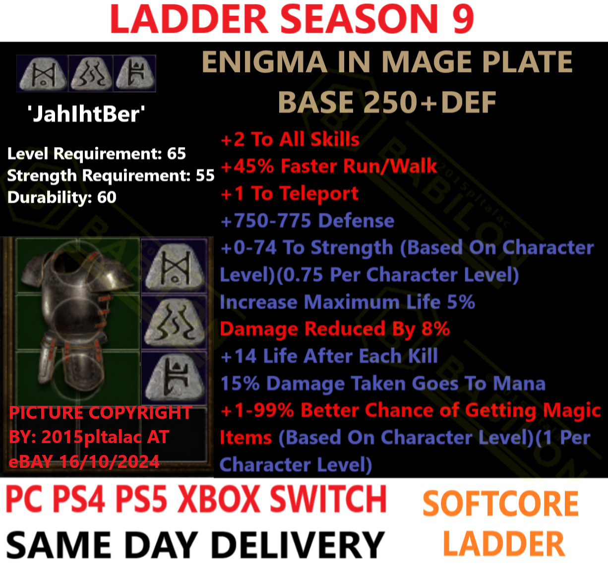 ✅ PC PS4 PS5 XBOX SWITCH✅LADDER Enigma Mage Plate Diablo 2 Resurrected Items D2R