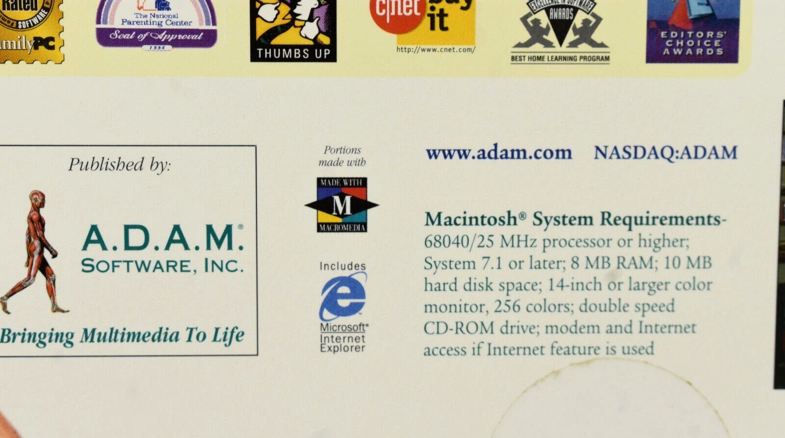 A.D.A.M. The Inside Story 1996 Anatomy Medical Instructional CD-ROM Mac Big Box