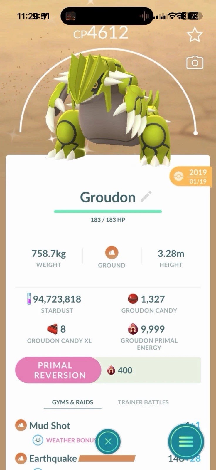 Shiny Groudon 2019 LVL 50 & Extra Move Guaranteed lucky