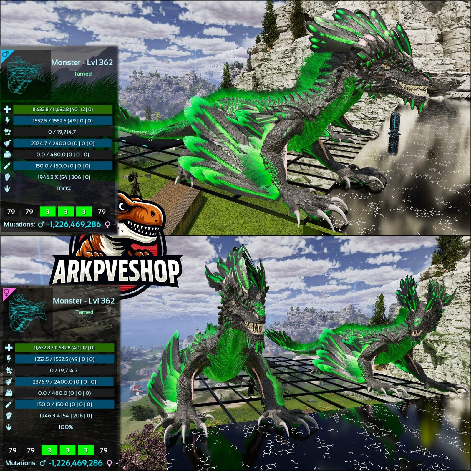 Rock Drake 1946% melee Mix Colours Top Stats ASA PVE 🦖ARK Survival Ascended