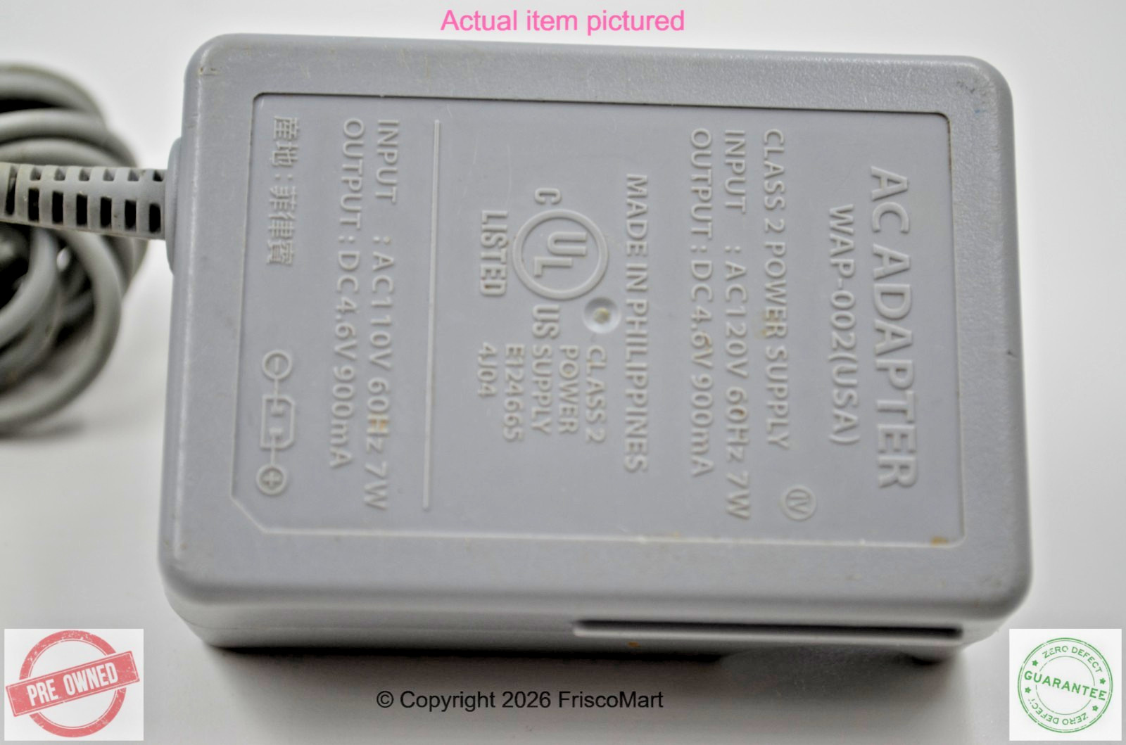 Nintendo WAP-002(USA) 4.6v 900mA Authentic OEM AC Power Adapter