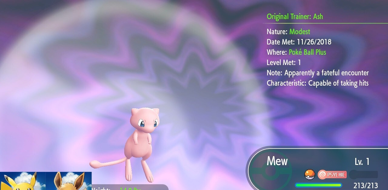 Pokemon Let’s Go Pikachu/Eevee MEW Pokeball Plus Ver Lv.1 6IV Digital Transfer!!