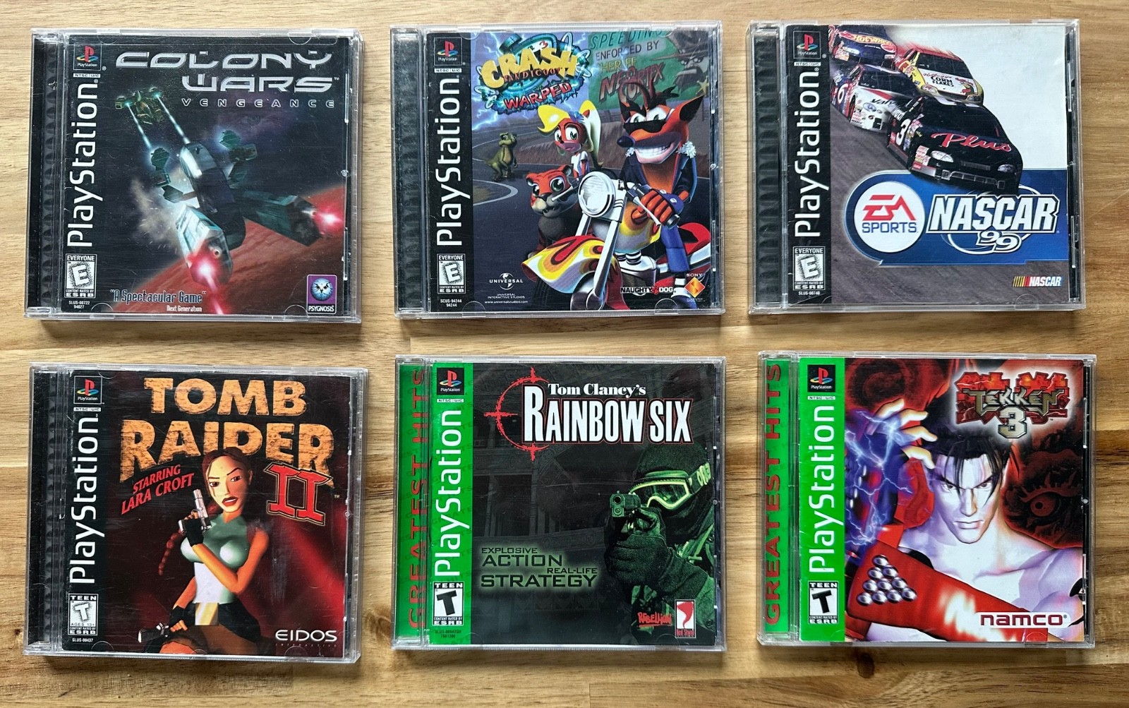 PS1 6 Game Lot Tomb Raider II, Tekken3, Rainbow6, Crash, Nascar, Colony Wars
