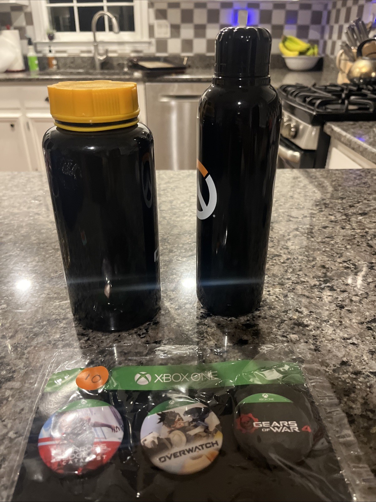 Overwatch Water Bottles (2 & Never Used) & Promotional Buttons Rare Promo Items