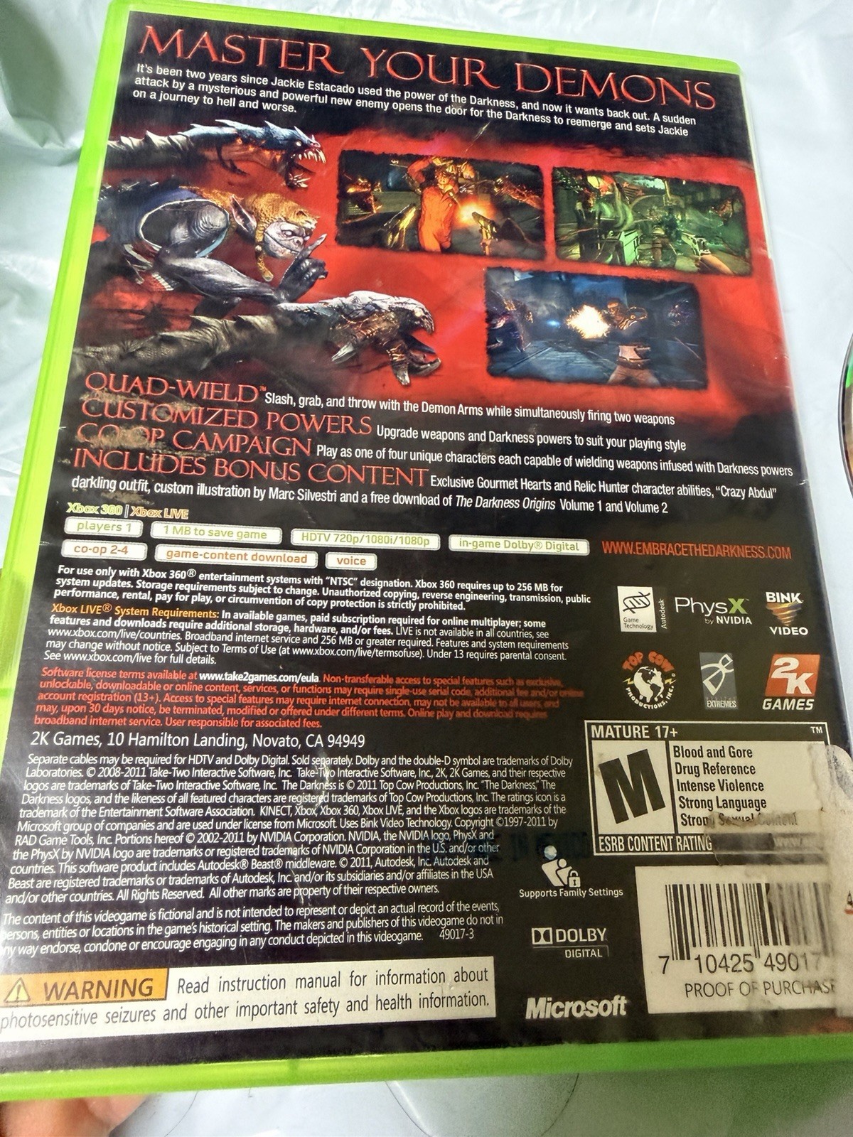 The Darkness II Limited Edition Xbox 360 2K Games FPS Horror Action Disc & Case