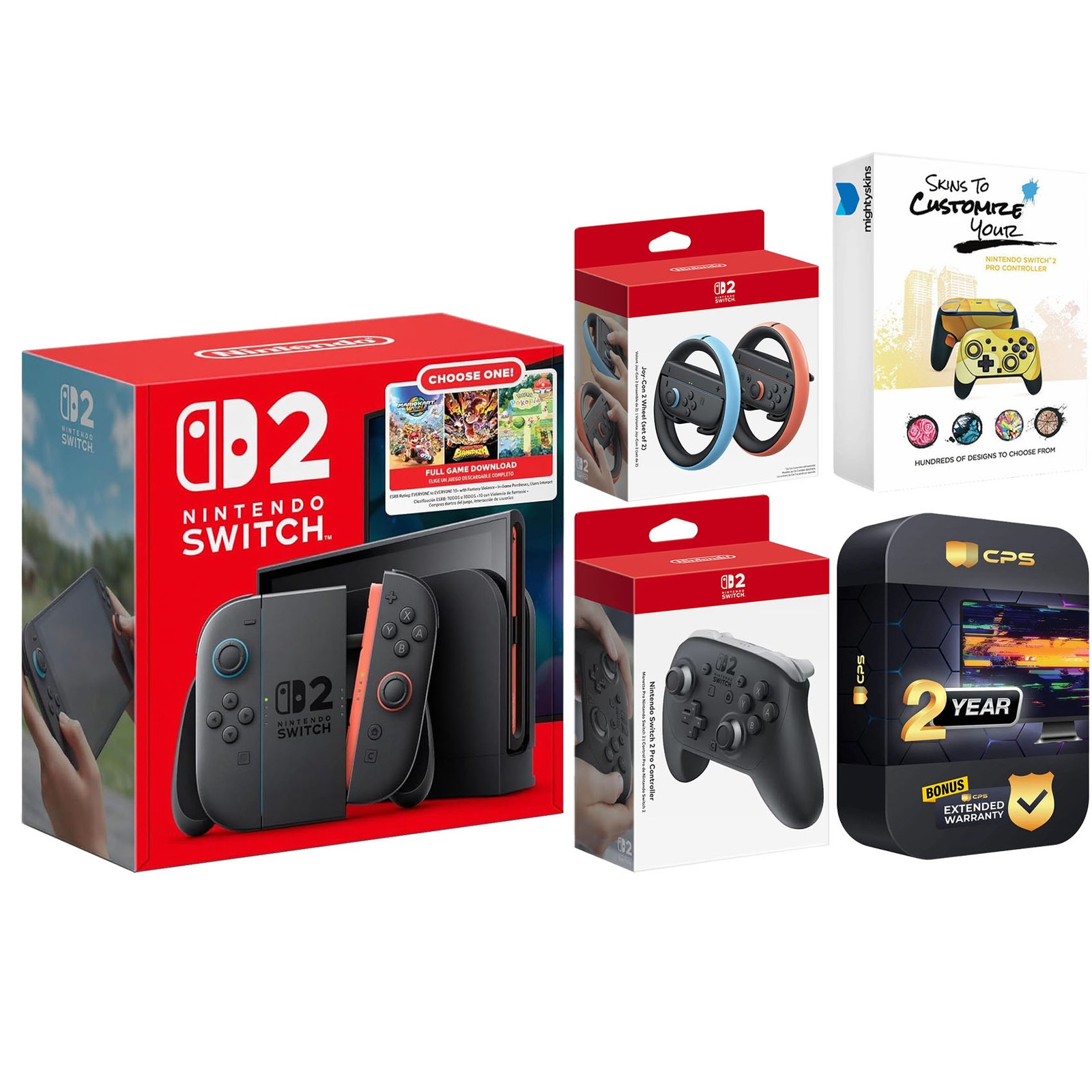 Nintendo Switch 2 Choose Your Game + Joy Con Wheels and Pro Controller Bundle