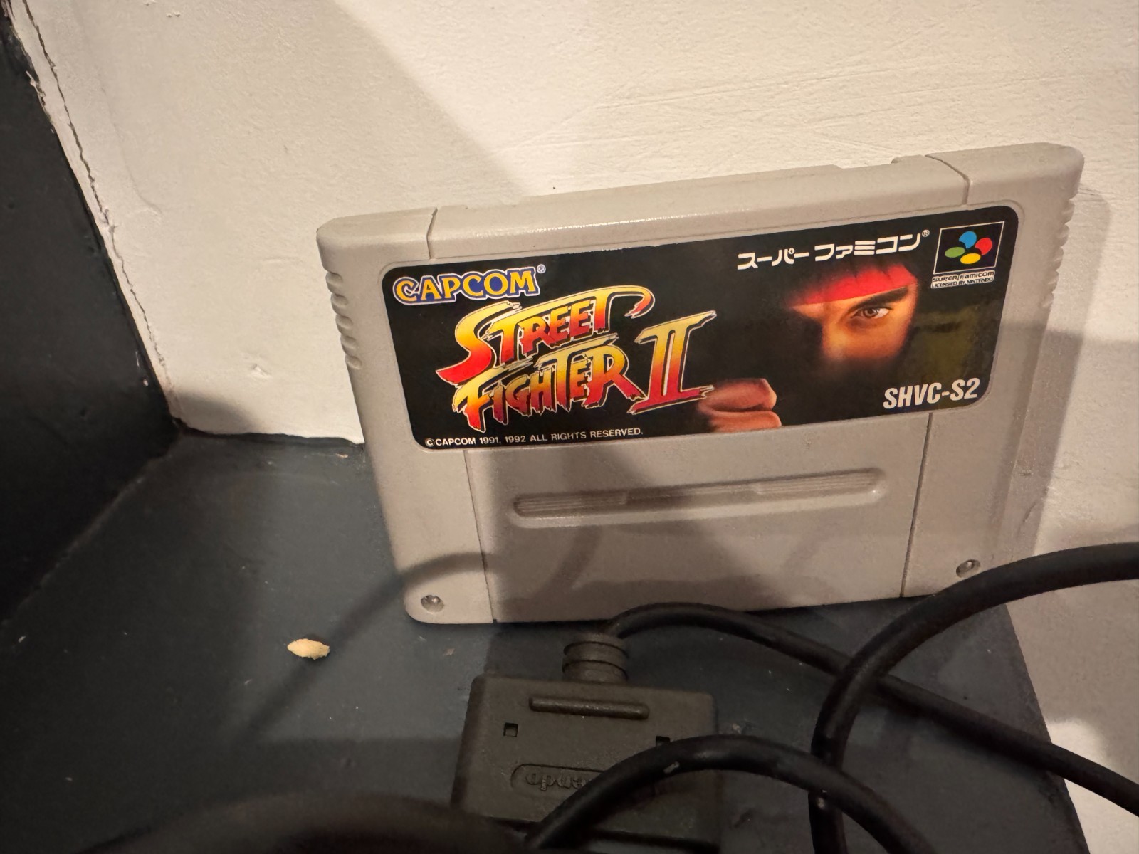 Nintendo Super Famicom console with controllers, all wires and Street Fighter 2