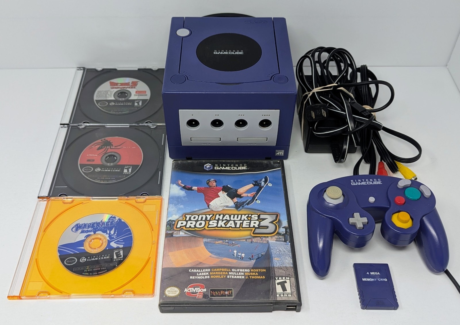 Nintendo GameCube Indigo Console Bundle w/ 4 Games – DBZ, Wave Race – Tested!