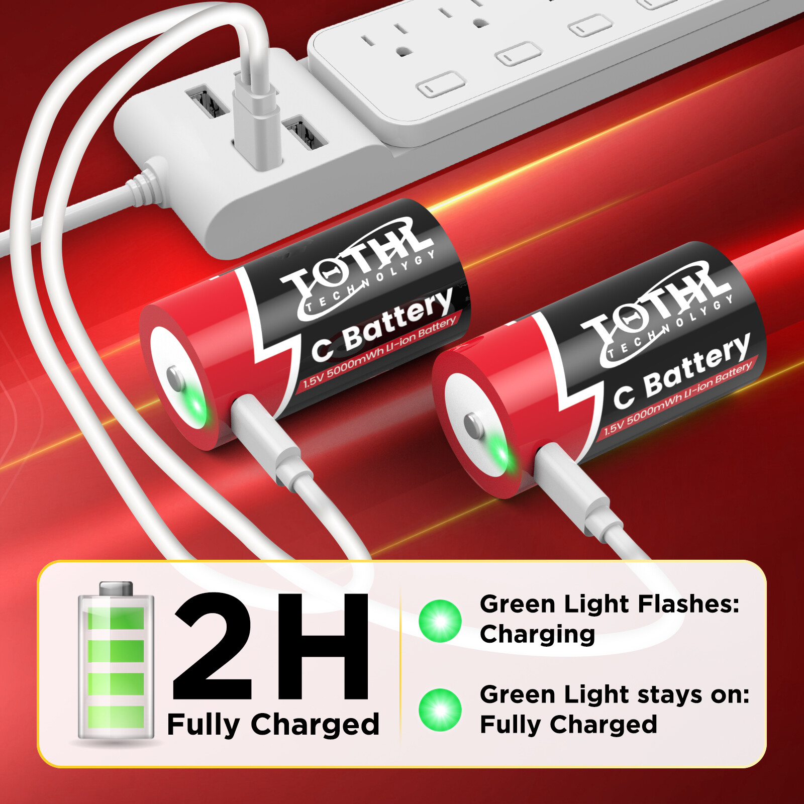 Rechargeable Lithium C Batteries 6 Pack, 1.5V C Cell Batteries with 4 in 1 US