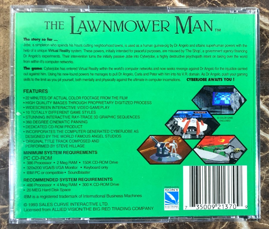 The Lawnmower Man PC CD-Rom Video Game Vintage 1993 Movie VHS Promo Sony EUC
