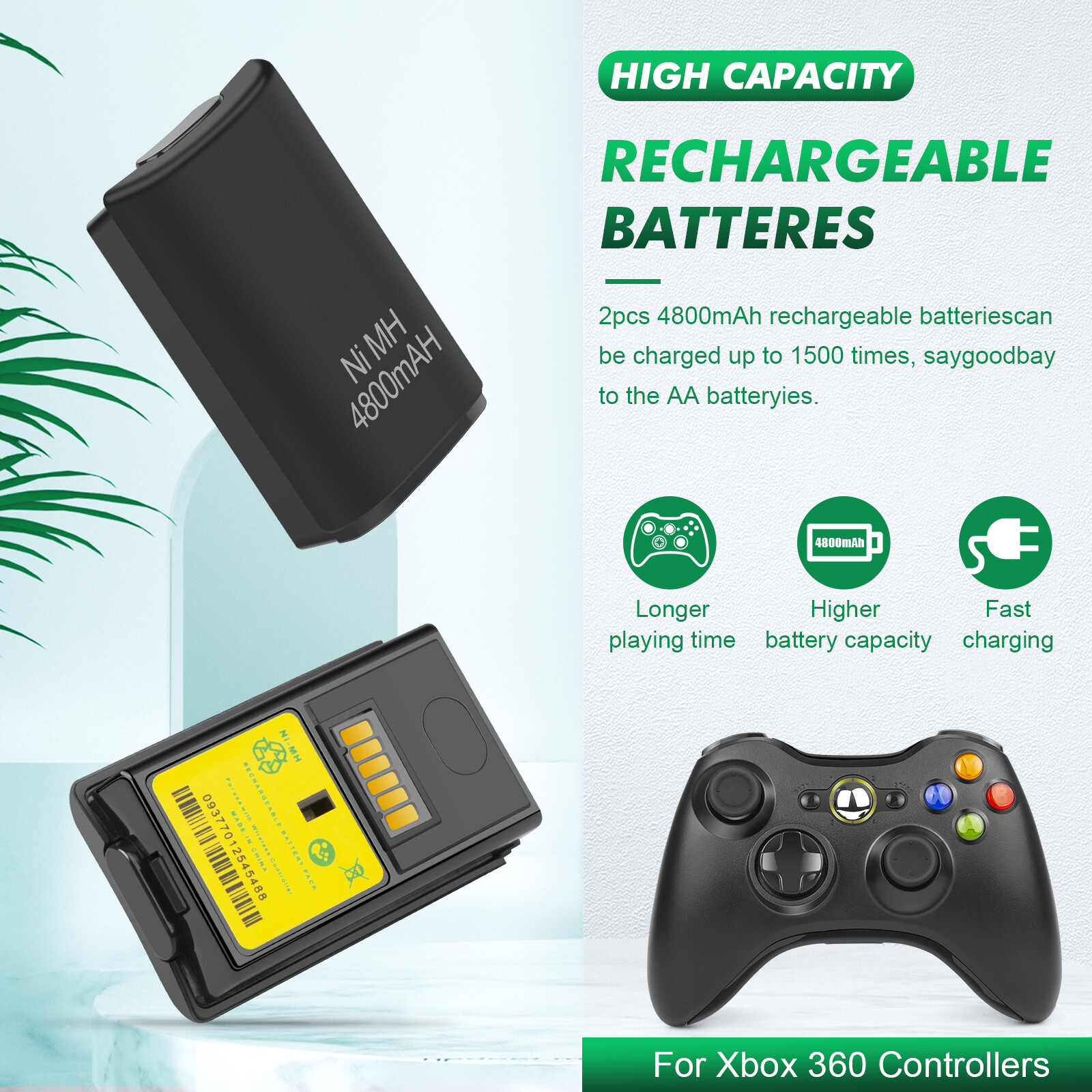 2Pcs Rechargeable Battery Pack USB 4800mAh Charger Cable For XBox 360 Controller