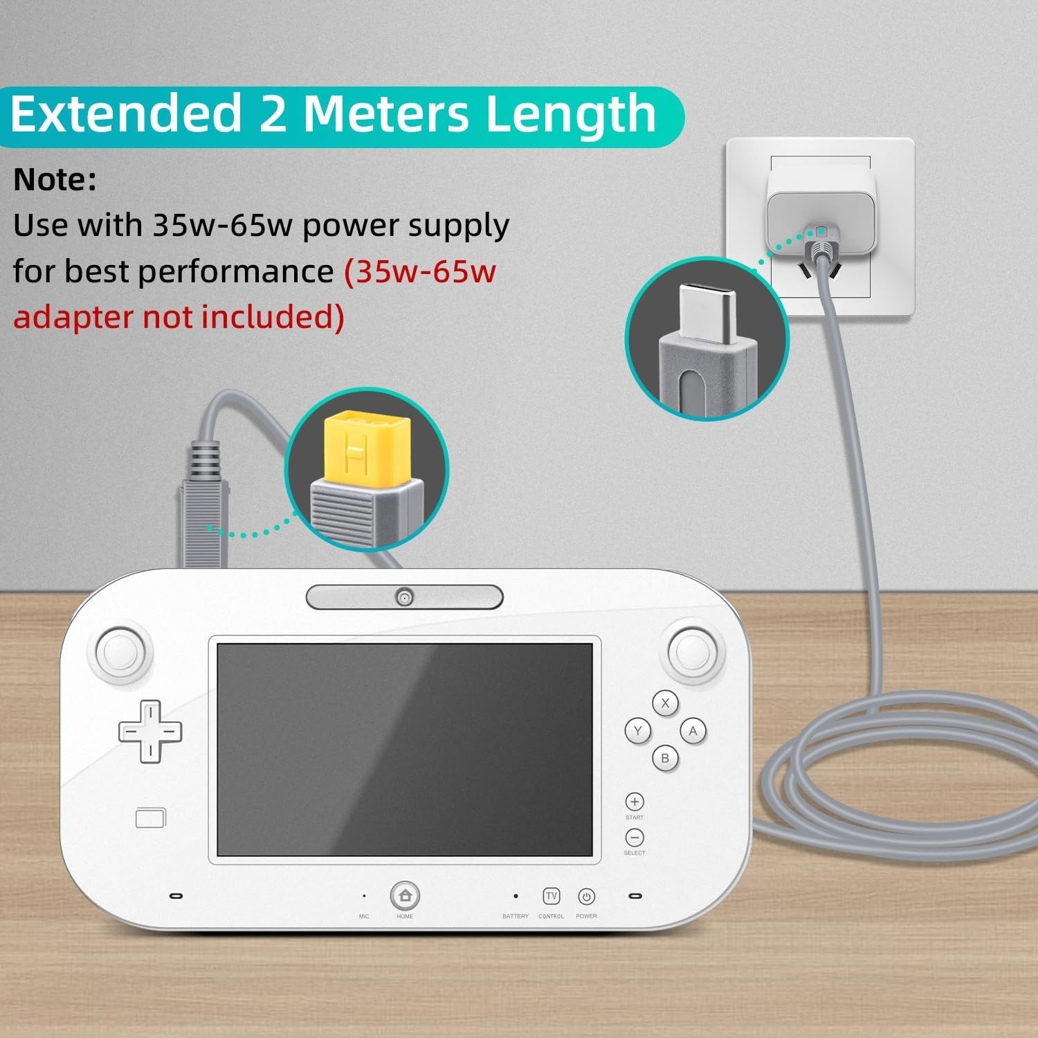 6.5Ft Type C Power Cable for Wii U – Compatible with 35W-65W Power Adapter