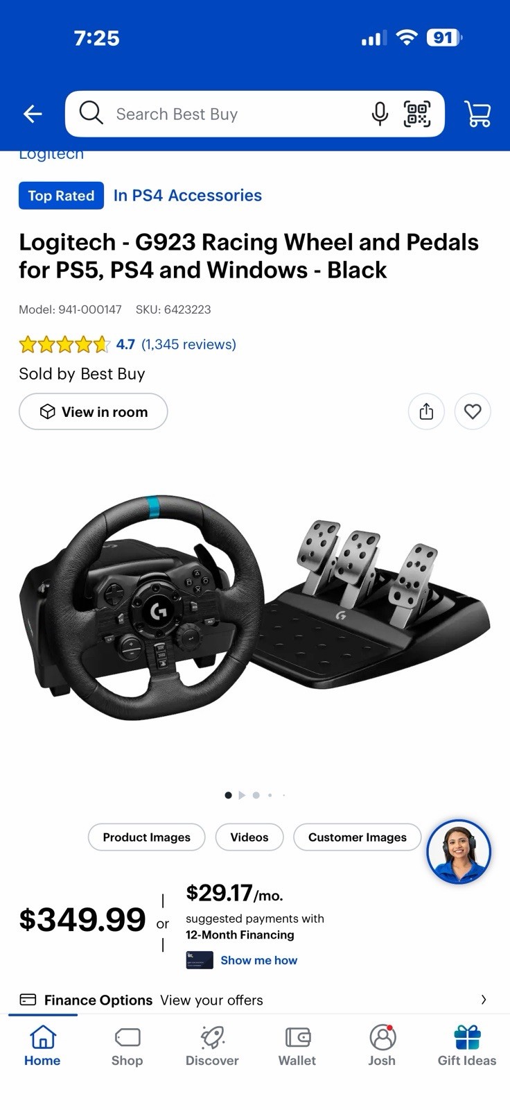 Logitech G923 TRUEFORCE Racing Steering Wheel PS4 PS5 PC With 6 Speed Manual