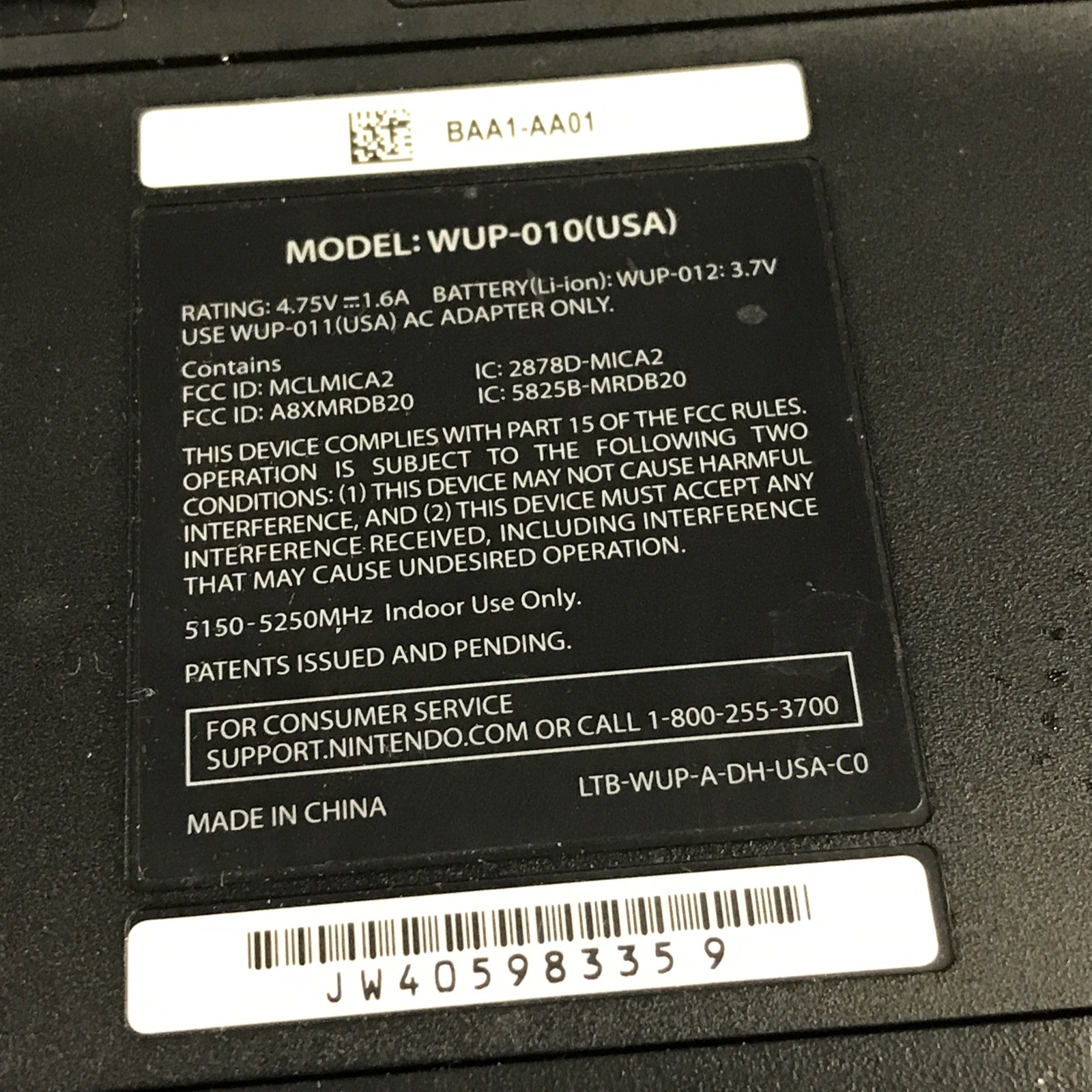 Nintendo WUP-010 (USA) Black Wii U Gamepad, No Stylus, No Charger. Untested