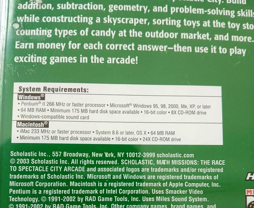 SEALED NEW Math Missions The Race to Spectacle City Arcade Grades K-2 CD MAC WIN