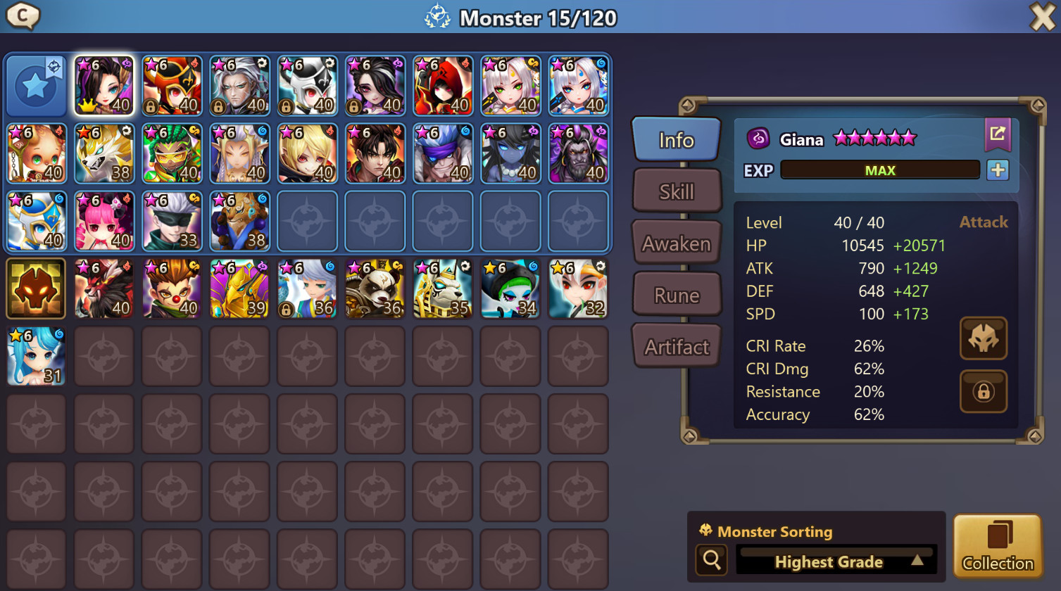 Summoners War Global Giana, Akroma, Lars, Hilda (4 LD 5s), +175 vio
