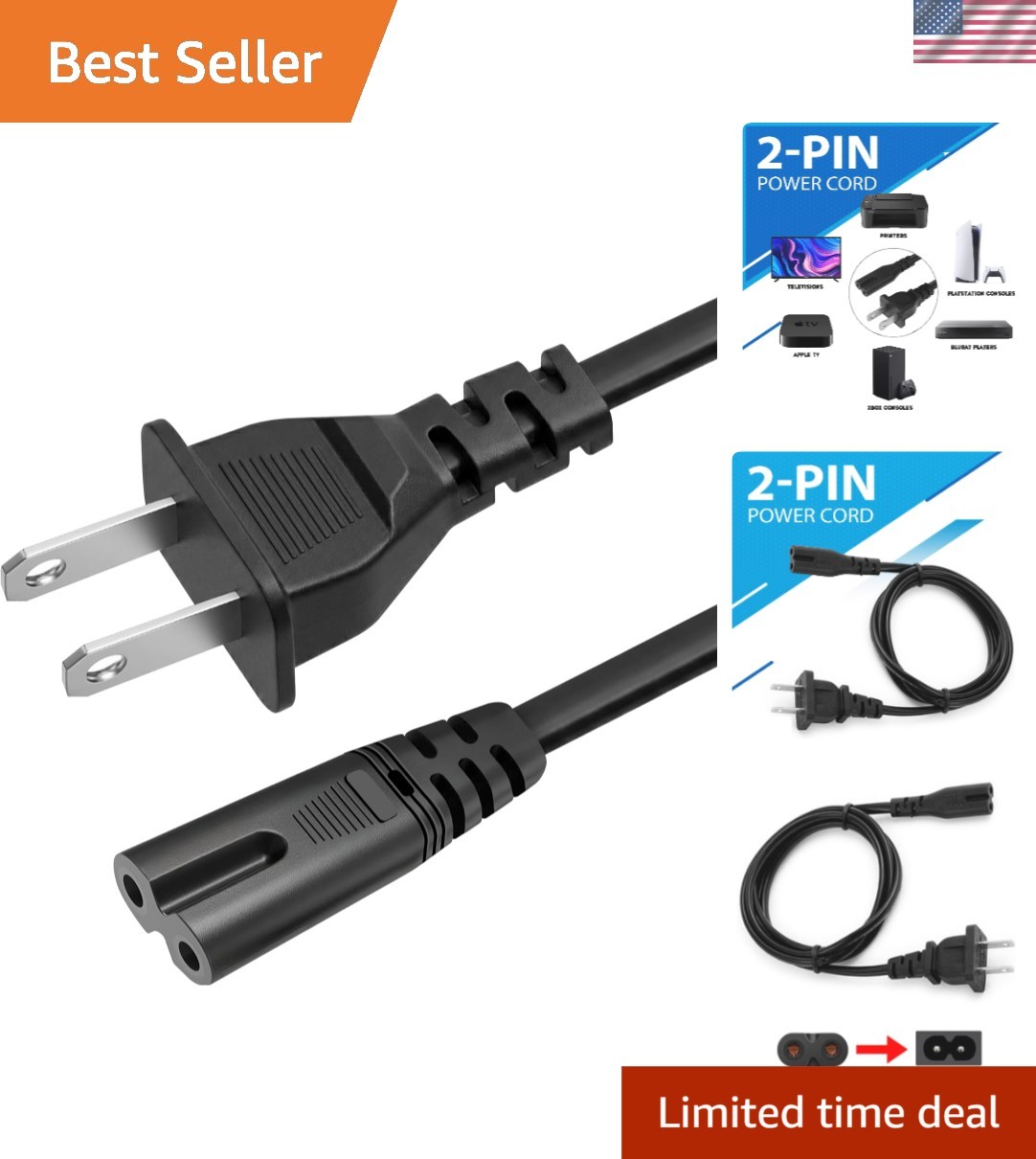 AC 2 Prong C8 Power Cord 5ft Standard 2-Slot for TV PS4 PS5 Speaker Monitor X…