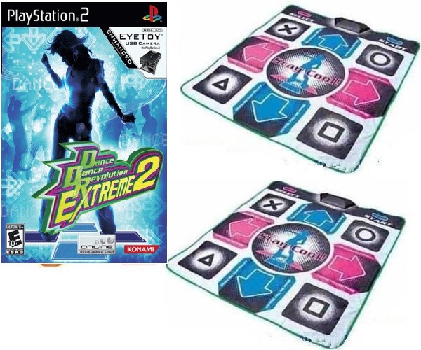 PS2 DDR Extreme 2 USED Game + 2x PS2 Wired Dance Pads Mats