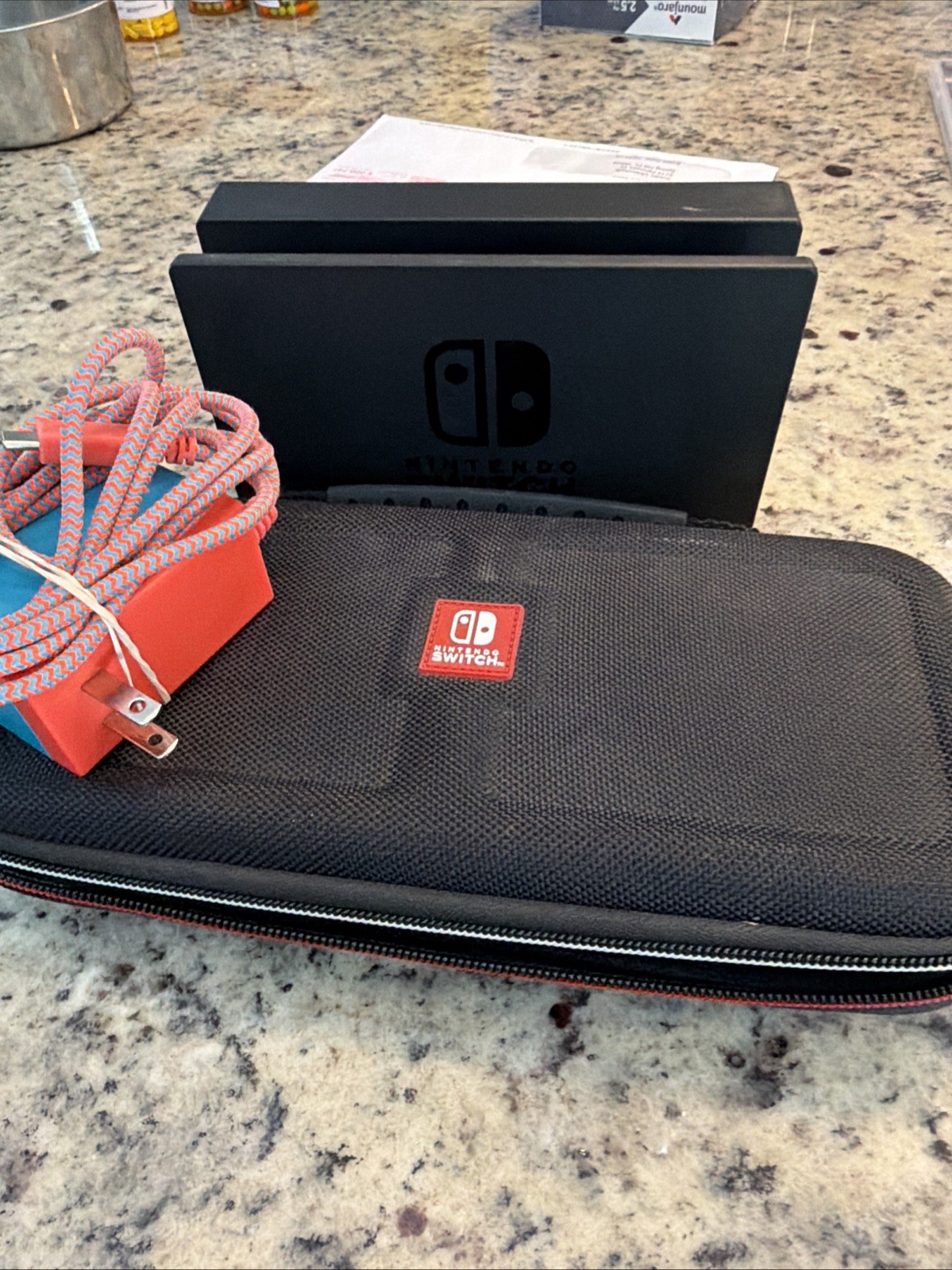 Nintendo Switch Gray Console with Orange and Neon Blue Joy-Con Charger Dock Case