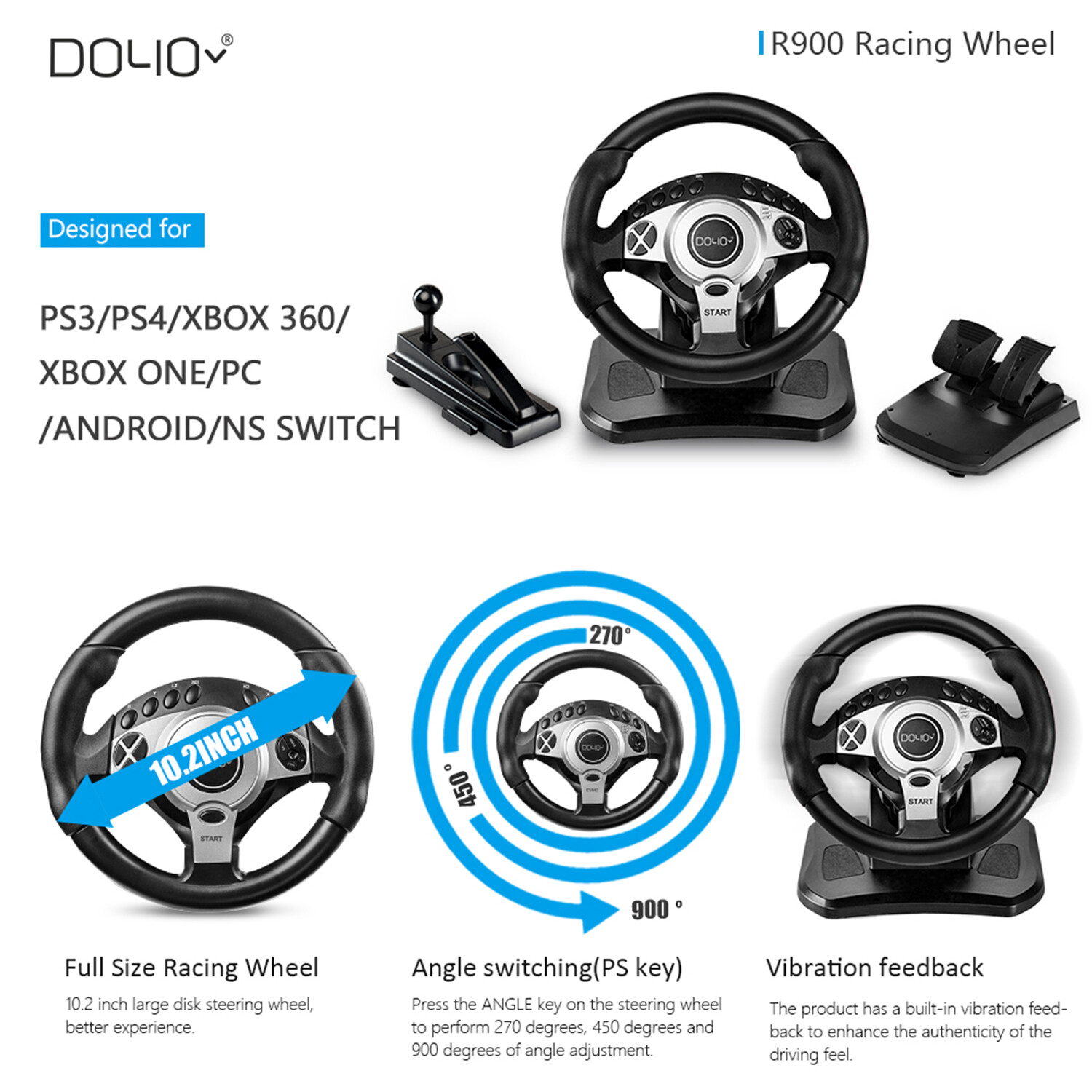 270/900° DOYO PC Steering Wheel Racing Gaming Simulator Pedal Set