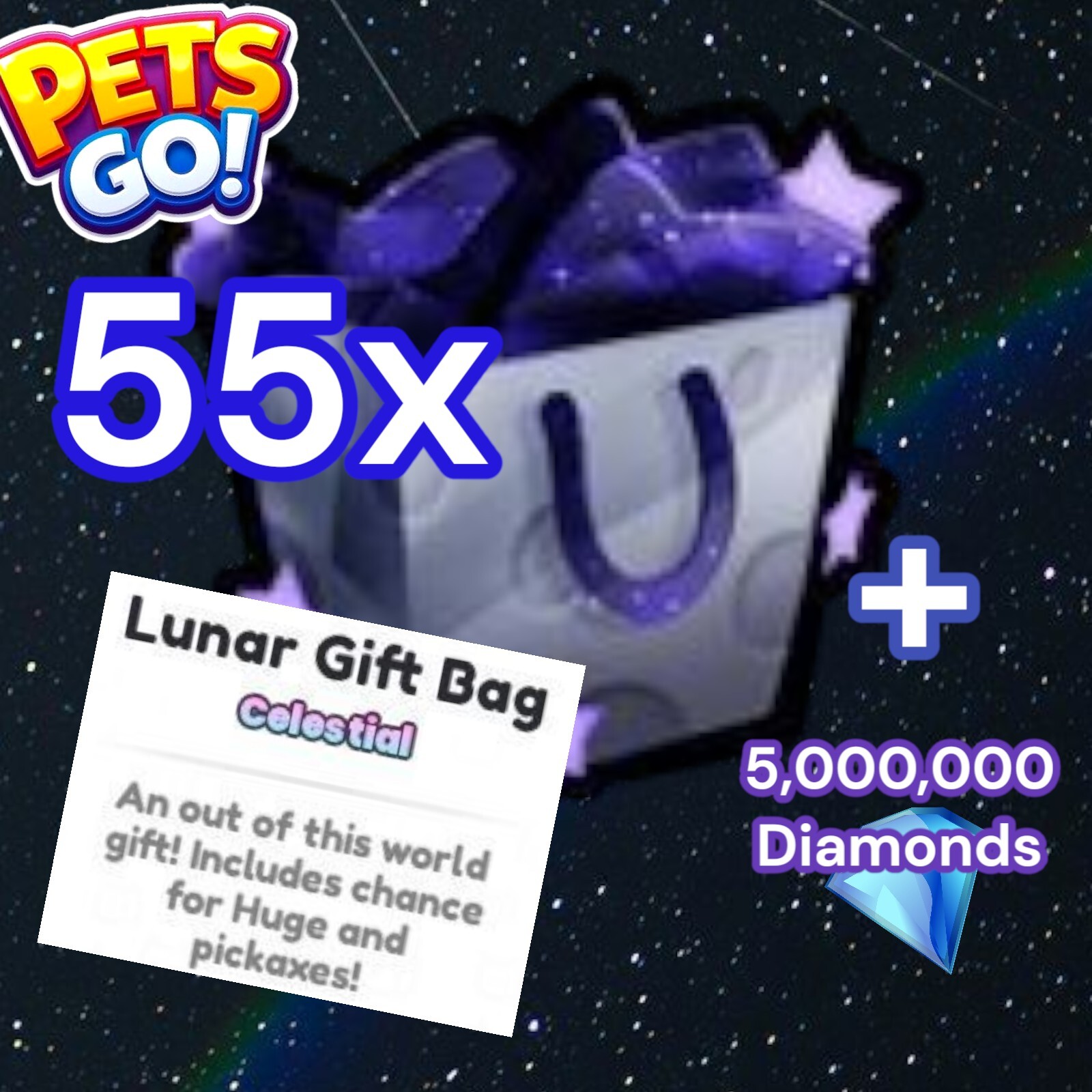 55x Lunar Gift Bags + 5 Million Diamonds. Pets GO