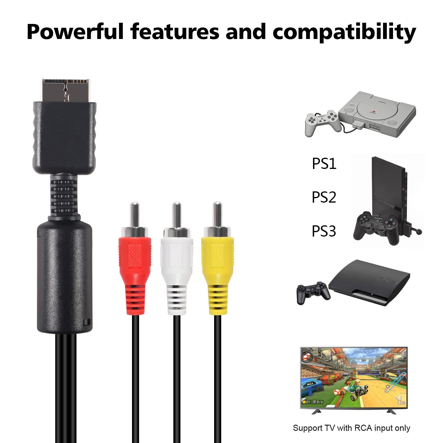 6 Feet AV to RCA Audio Video Composite Cable Cord For Sony PS1 PS2 PS3 PS3 Slim