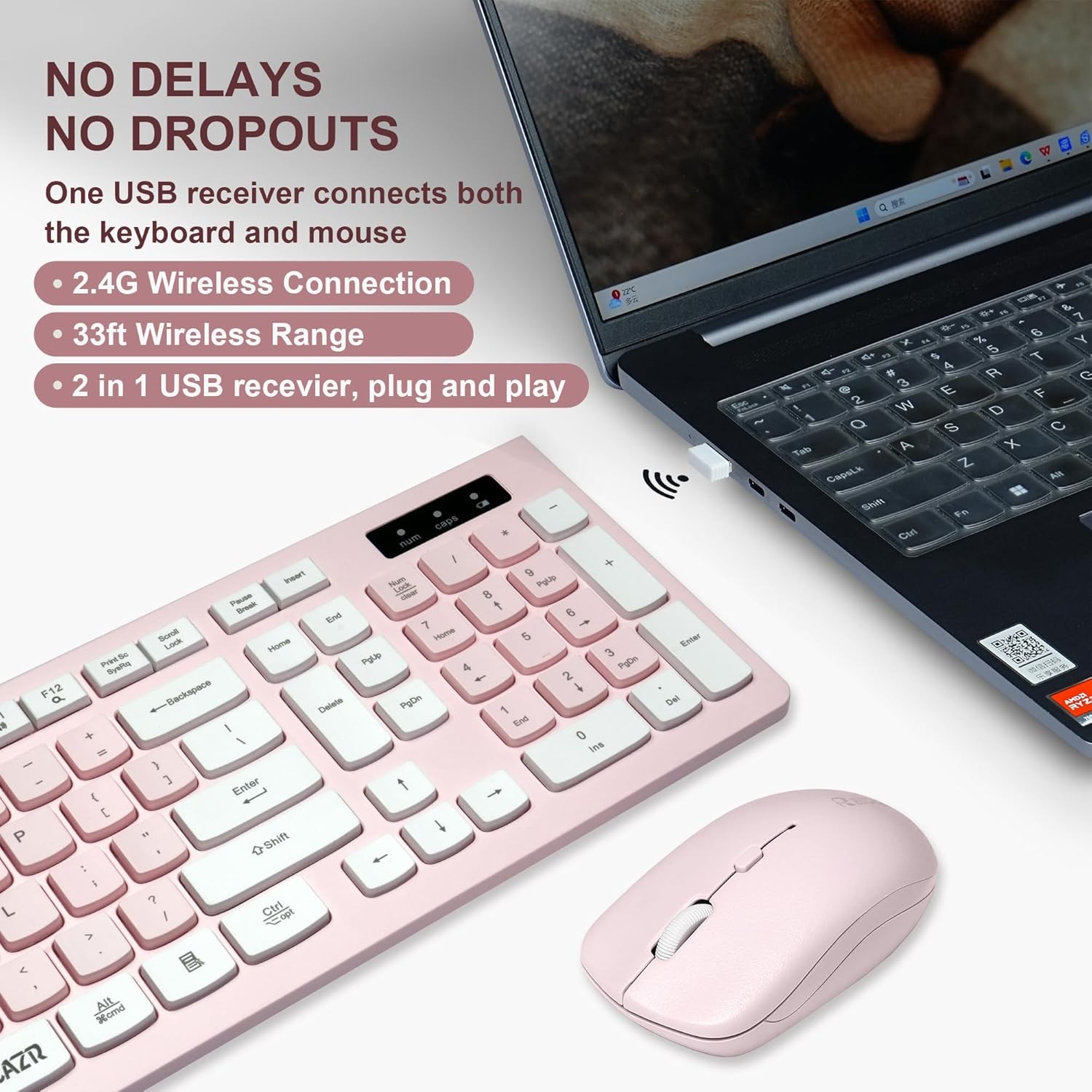 Wireless Keyboard and Mouse Combo, Reccazr 2.4G Full-Sized Pink & Cream