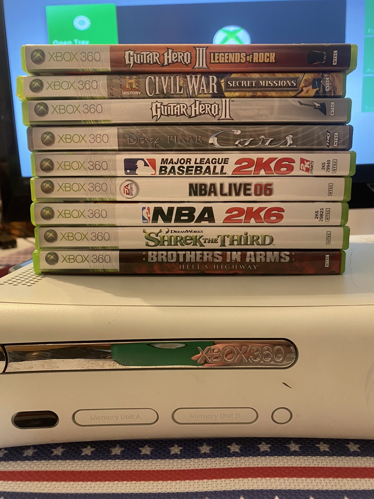 White XBOX 360 W/Power Adapters and 9 Games, TESTED