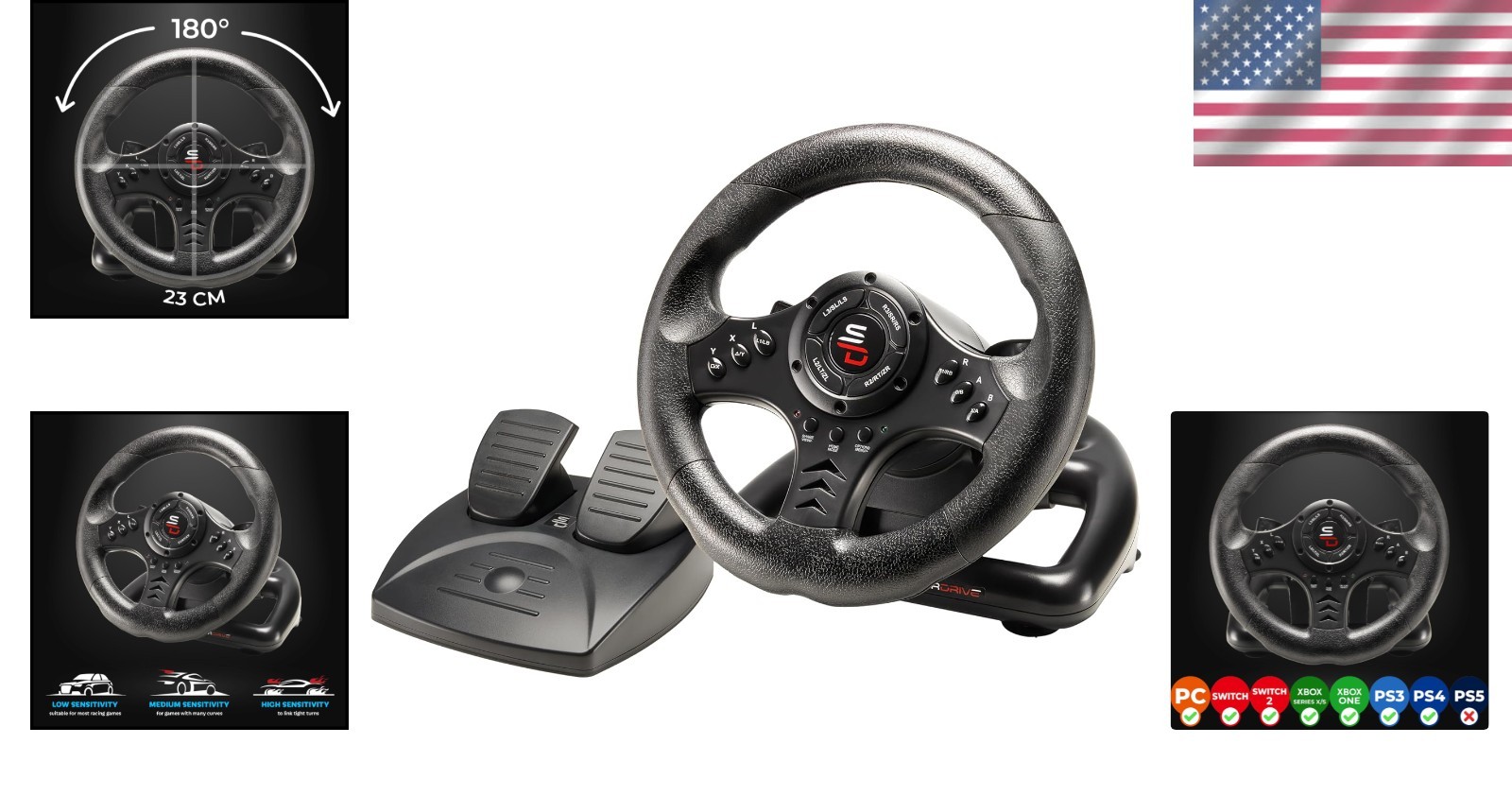 Advanced Racing Steering Wheel with Pedals & Vibration for Xbox and PC – Black