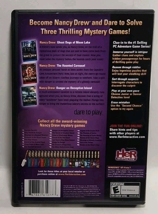 Nancy Drew Triple Threat 2 (PC, 2012) 3 Disc set w/manual No slip 5918
