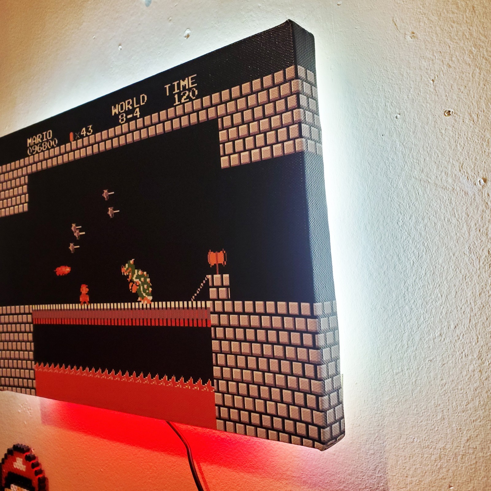 Mario vs Bowser backlit with LEDs custom wrapped canvas 8×12″ game room gift NES